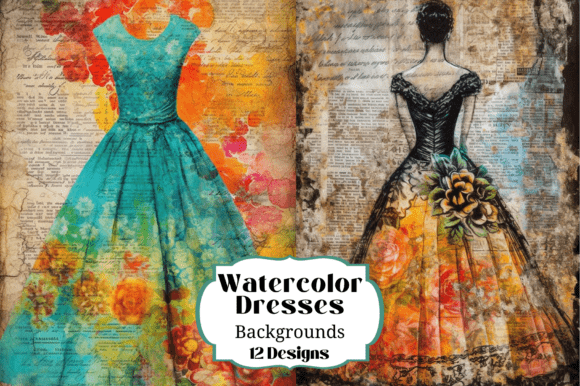 12 Pretty Watercolor Dresses Backgrounds for Junk Journals