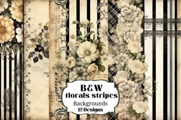 12 Vintage B&W Stripe Floral Backgrounds for Crafting