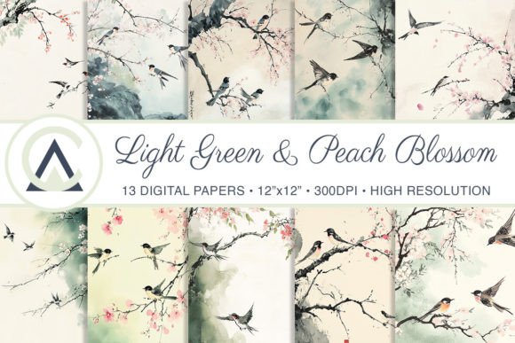 Green & Peach Blossom Birds Backgrounds