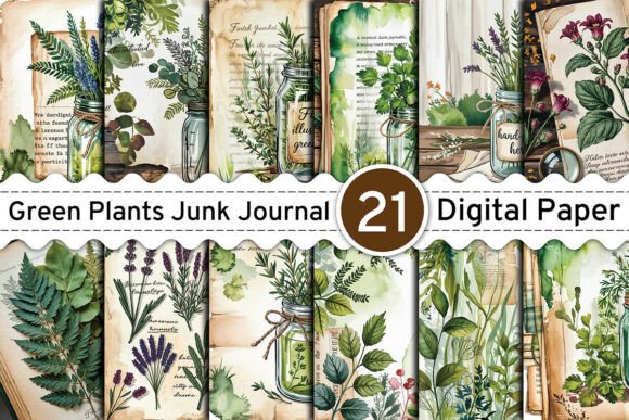 Green Plants Junk Journal Backgrounds: 21 Papers for Nature-Inspired Design